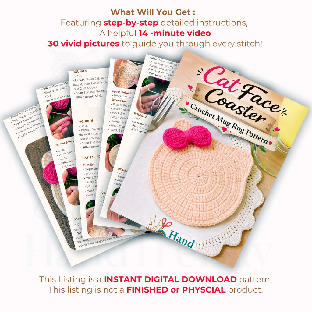Crochet Coaster Pattern, Animal Coaster Crochet Pattern PDF, Cat Coaster Crochet, Easy Mug Rug Pattern, Cute Cat with Bow Coaster