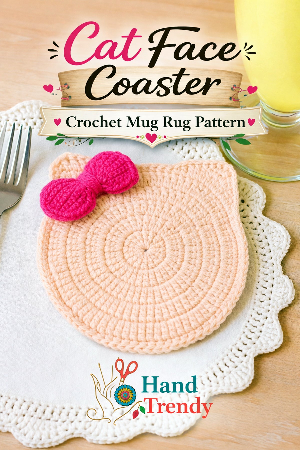 Crochet Coaster Pattern, Animal Coaster Crochet Pattern PDF, Cat Coaster Crochet, Easy Mug Rug Pattern, Cute Cat with Bow Coaster