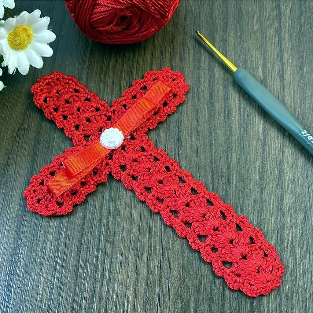Crochet Cross Bookmark Pattern PDF, Lace Shell Stitch, Red Ribbon and Pearl, Easy Beginner