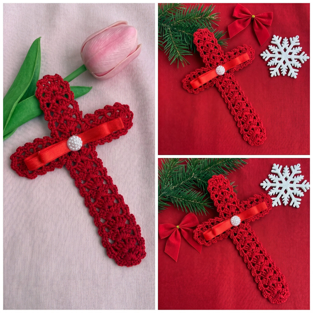 Crochet Cross Bookmark Pattern PDF, Lace Shell Stitch, Red Ribbon and Pearl, Easy Beginner
