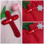 Crochet Cross Bookmark Pattern PDF, Lace Shell Stitch, Red Ribbon and Pearl, Easy Beginner