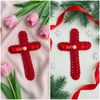 Crochet Cross Bookmark Pattern PDF, Lace Shell Stitch, Red Ribbon and Pearl, Easy Beginner