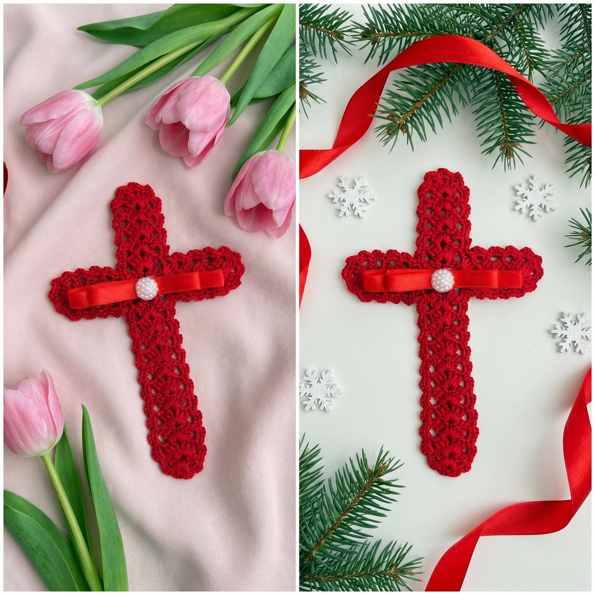 Crochet Cross Bookmark Pattern PDF, Lace Shell Stitch, Red Ribbon and Pearl, Easy Beginner