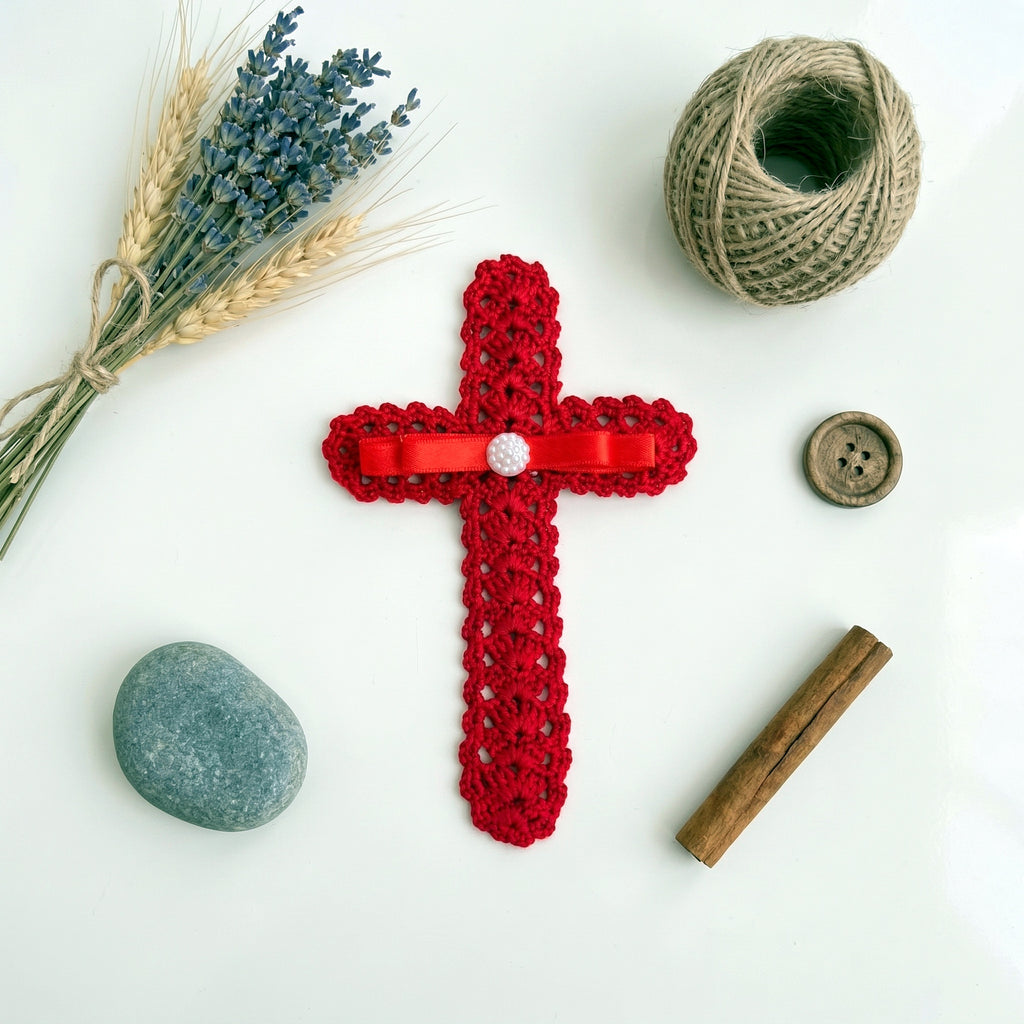 Crochet Cross Bookmark Pattern PDF, Lace Shell Stitch, Red Ribbon and Pearl, Easy Beginner
