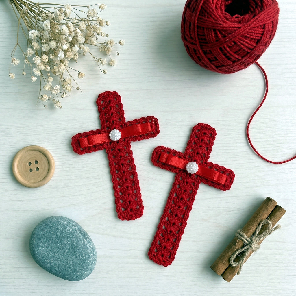 Crochet Cross Bookmark Pattern PDF, Lace Shell Stitch, Red Ribbon and Pearl, Easy Beginner