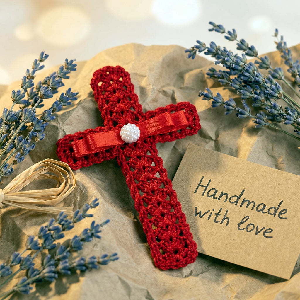 Crochet Cross Bookmark Pattern PDF, Lace Shell Stitch, Red Ribbon and Pearl, Easy Beginner