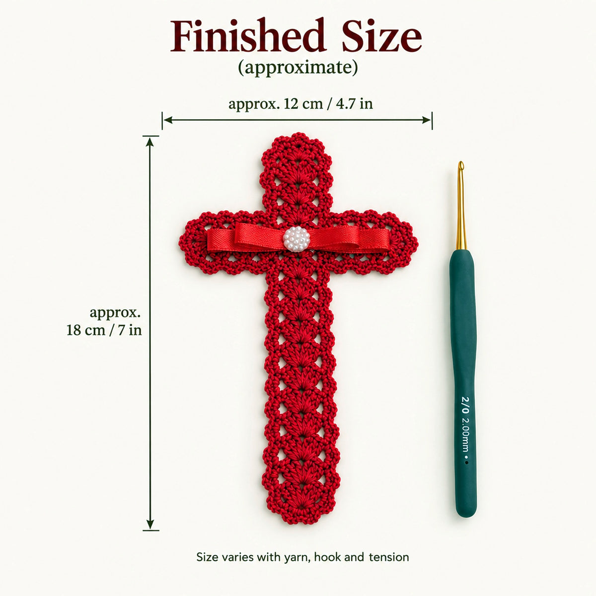 Crochet Cross Bookmark Pattern PDF, Lace Shell Stitch, Red Ribbon and Pearl, Easy Beginner
