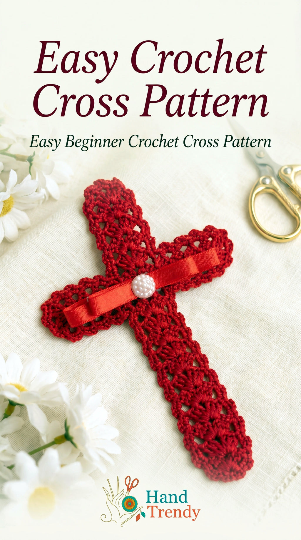 Crochet Cross Bookmark Pattern PDF, Lace Shell Stitch, Red Ribbon and Pearl, Easy Beginner