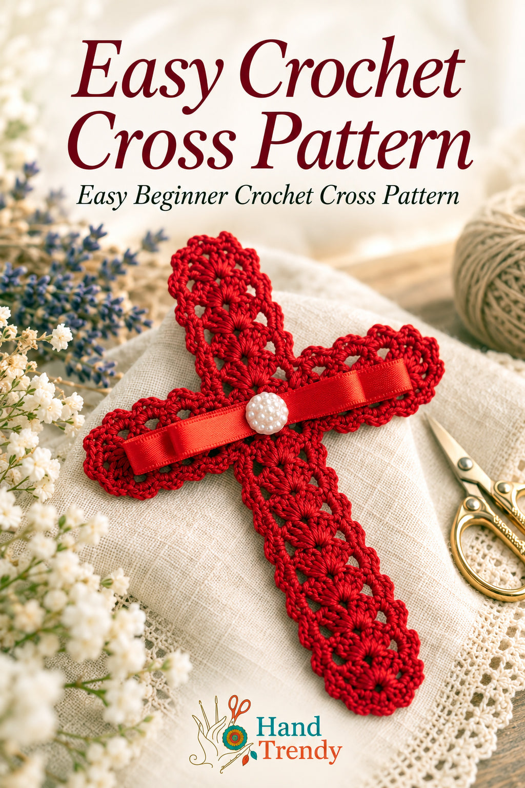 Crochet Cross Bookmark Pattern PDF, Lace Shell Stitch, Red Ribbon and Pearl, Easy Beginner
