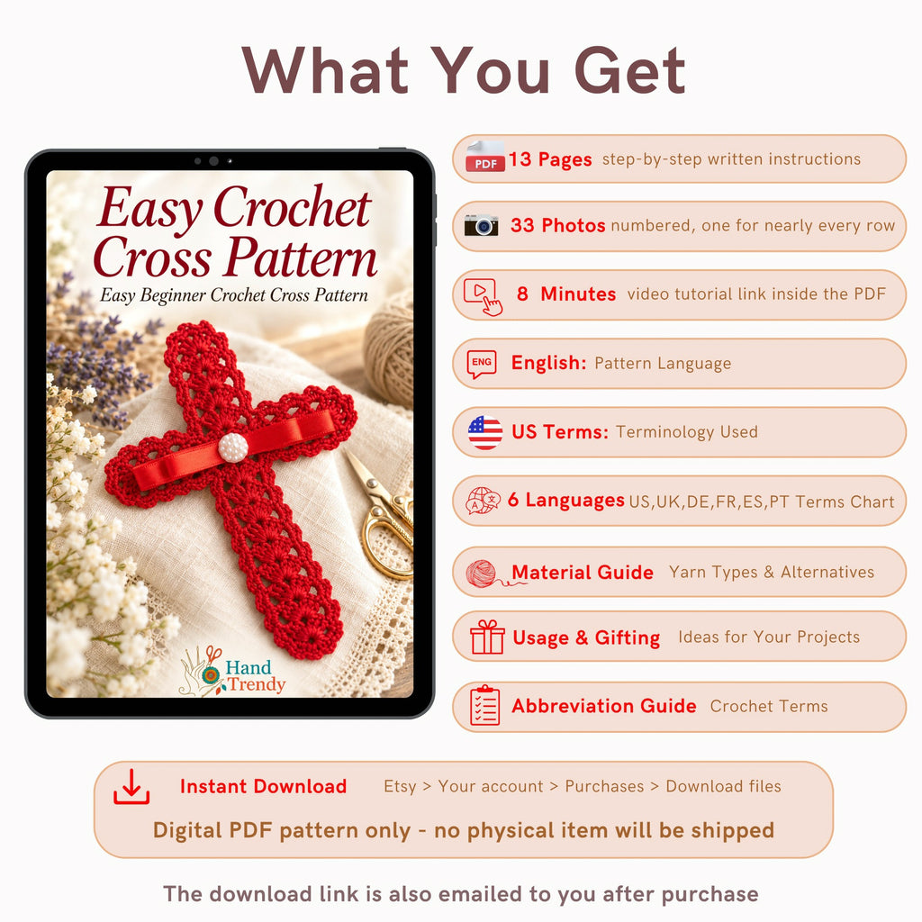 Crochet Cross Bookmark Pattern PDF, Lace Shell Stitch, Red Ribbon and Pearl, Easy Beginner