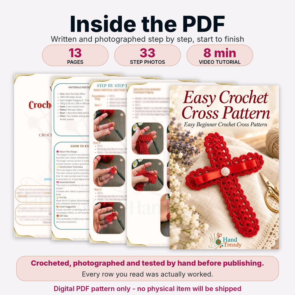 Crochet Cross Bookmark Pattern PDF, Lace Shell Stitch, Red Ribbon and Pearl, Easy Beginner