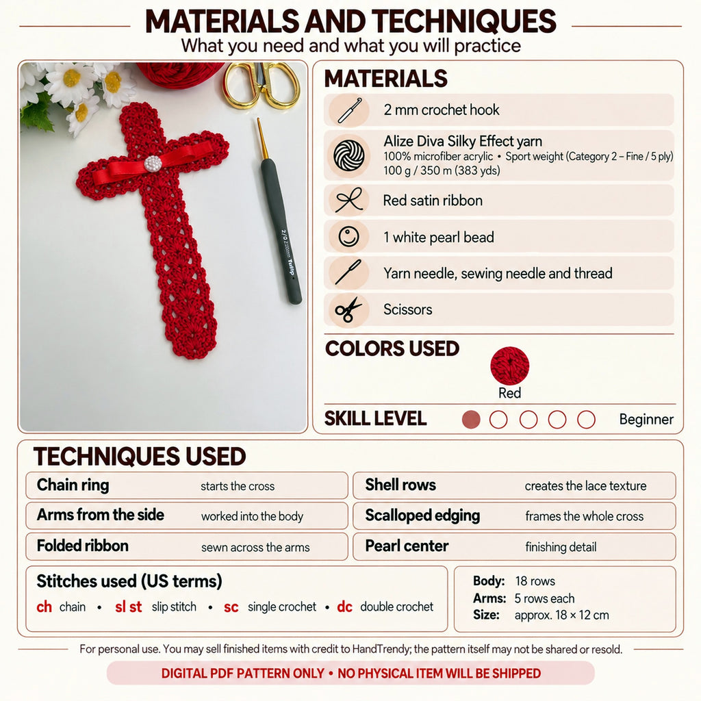 Crochet Cross Bookmark Pattern PDF, Lace Shell Stitch, Red Ribbon and Pearl, Easy Beginner