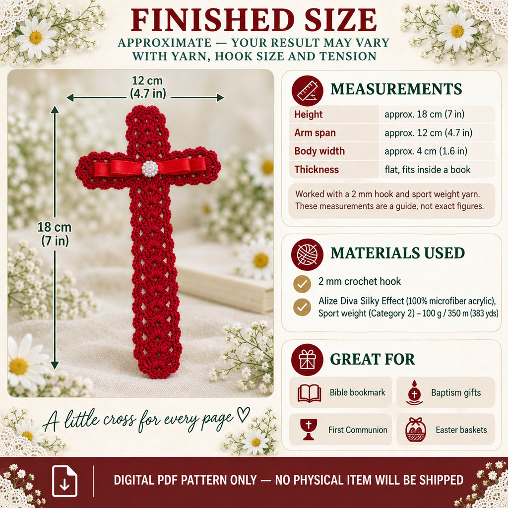 Crochet Cross Bookmark Pattern PDF, Lace Shell Stitch, Red Ribbon and Pearl, Easy Beginner