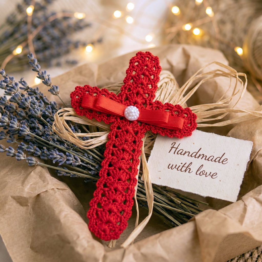 Crochet Cross Bookmark Pattern PDF, Lace Shell Stitch, Red Ribbon and Pearl, Easy Beginner