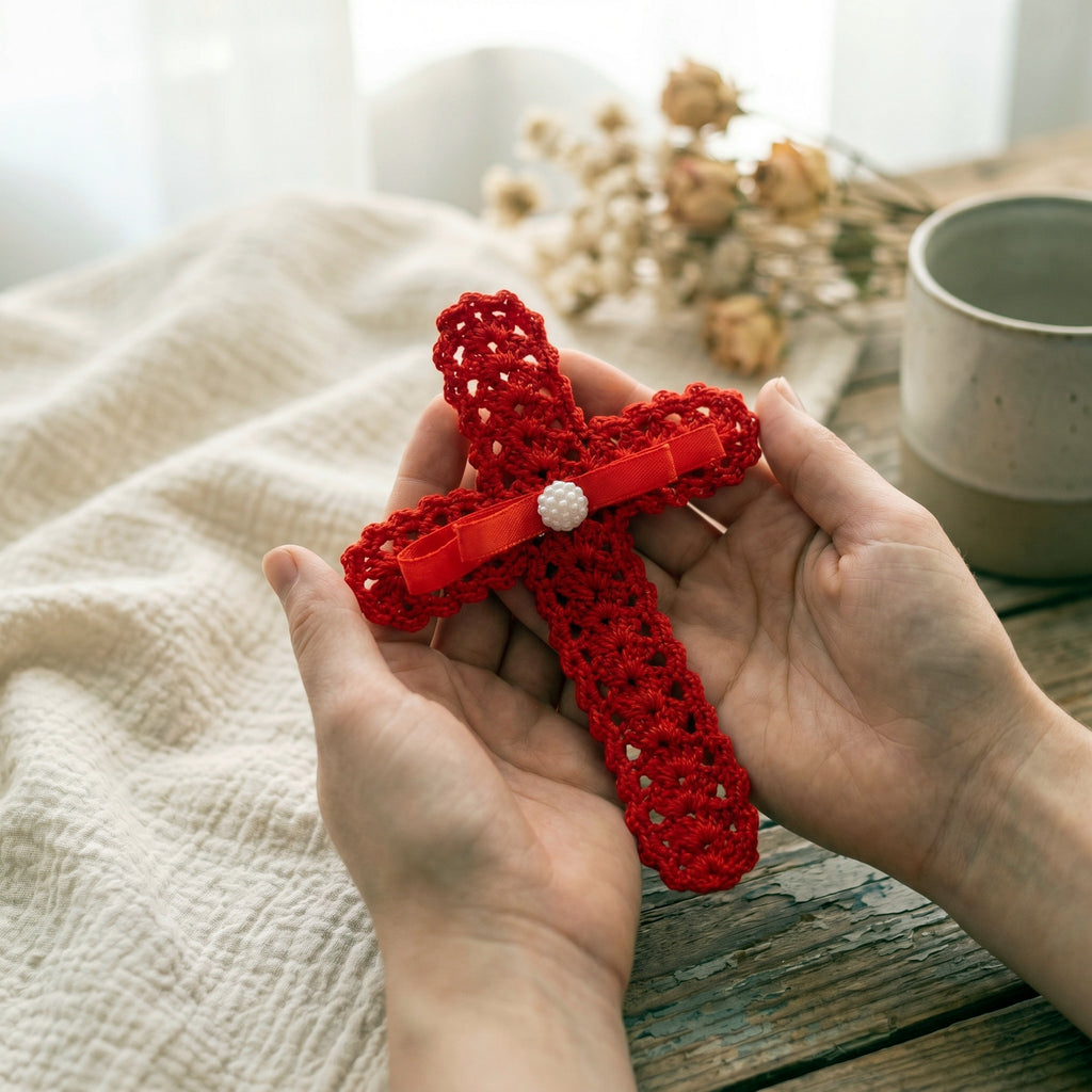 Crochet Cross Bookmark Pattern PDF, Lace Shell Stitch, Red Ribbon and Pearl, Easy Beginner