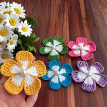 Crochet Flower Applique Pattern PDF, Five Petal Floral Motif Design, Pearl Center Embellishment, Hair Clip Brooch Decor, Handmade Craft