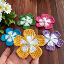 Crochet Flower Applique Pattern PDF, Five Petal Floral Motif Design, Pearl Center Embellishment, Hair Clip Brooch Decor, Handmade Craft