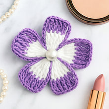 Crochet Flower Applique Pattern PDF, Five Petal Floral Motif Design, Pearl Center Embellishment, Hair Clip Brooch Decor, Handmade Craft