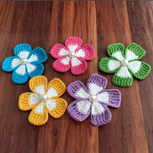 Crochet Flower Applique Pattern PDF, Five Petal Floral Motif Design, Pearl Center Embellishment, Hair Clip Brooch Decor, Handmade Craft