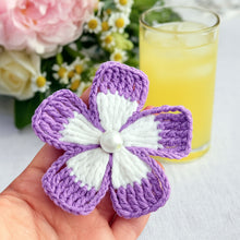 Crochet Flower Applique Pattern PDF, Five Petal Floral Motif Design, Pearl Center Embellishment, Hair Clip Brooch Decor, Handmade Craft