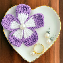 Crochet Flower Applique Pattern PDF, Five Petal Floral Motif Design, Pearl Center Embellishment, Hair Clip Brooch Decor, Handmade Craft