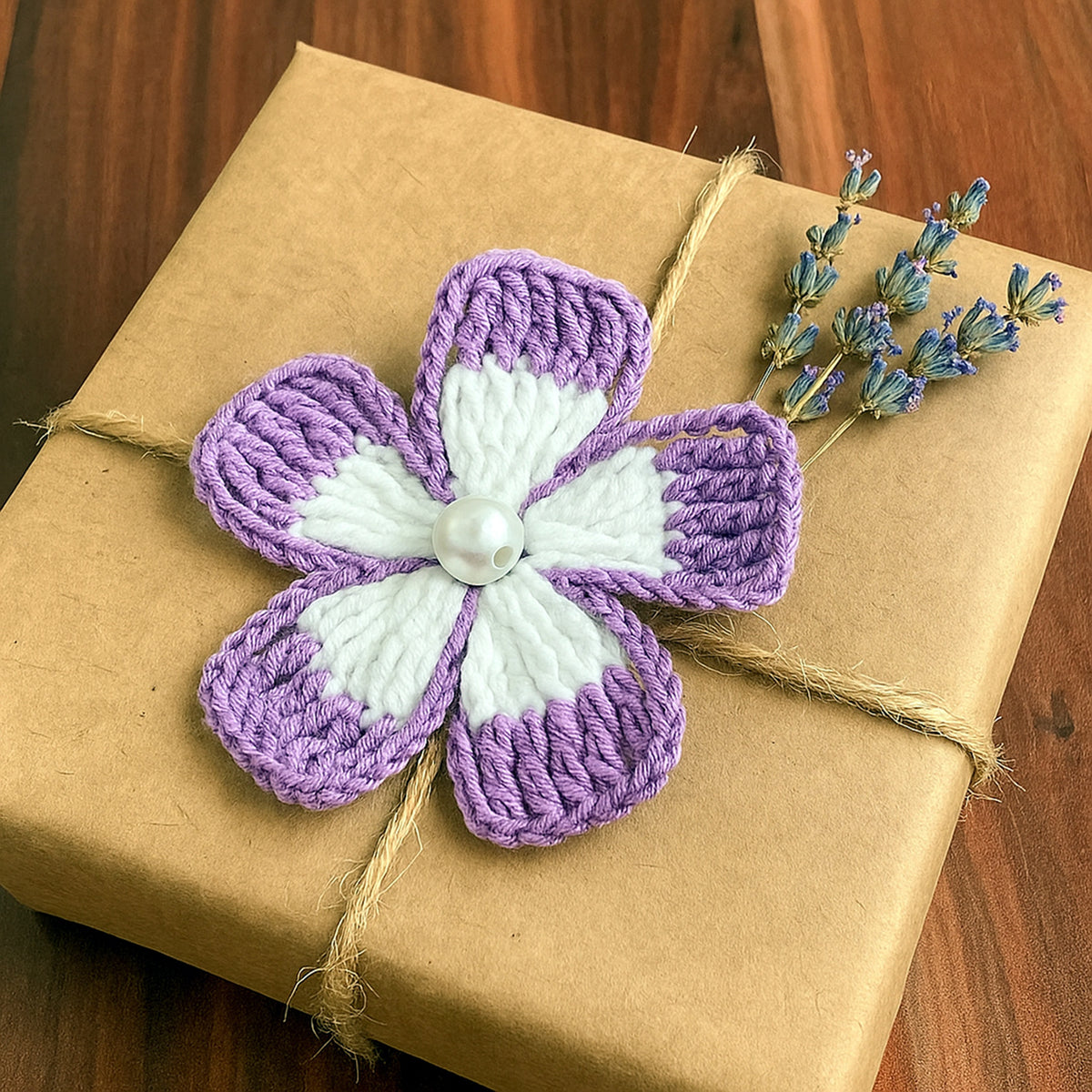 Crochet Flower Applique Pattern PDF, Five Petal Floral Motif Design, Pearl Center Embellishment, Hair Clip Brooch Decor, Handmade Craft
