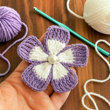 Crochet Flower Applique Pattern PDF, Five Petal Floral Motif Design, Pearl Center Embellishment, Hair Clip Brooch Decor, Handmade Craft