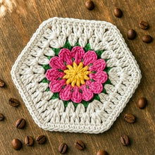 Crochet Hexagon Coaster Pattern PDF, 3D Flower Mug Rug Design, Handmade Floral Cup Mat Tutorial, English & German