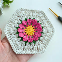 Crochet Hexagon Coaster Pattern PDF, 3D Flower Mug Rug Design, Handmade Floral Cup Mat Tutorial, English & German