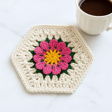 Crochet Hexagon Coaster Pattern PDF, 3D Flower Mug Rug Design, Handmade Floral Cup Mat Tutorial, English & German
