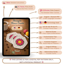 Crochet Hexagon Coaster Pattern PDF, 3D Flower Mug Rug Design, Handmade Floral Cup Mat Tutorial, English & German