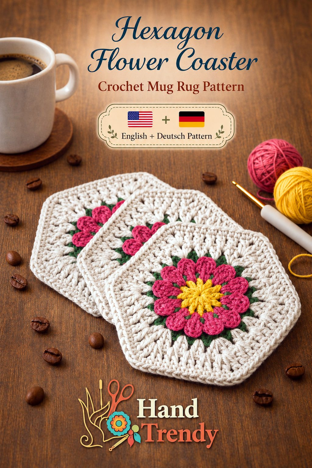Crochet Hexagon Coaster Pattern PDF, 3D Flower Mug Rug Design, Handmade Floral Cup Mat Tutorial, English & German