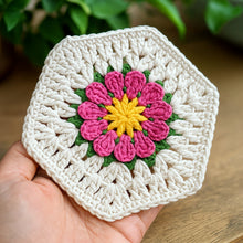Crochet Hexagon Coaster Pattern PDF, 3D Flower Mug Rug Design, Handmade Floral Cup Mat Tutorial, English & German