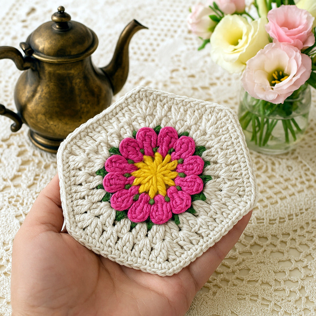 Crochet Hexagon Coaster Pattern PDF, 3D Flower Mug Rug Design, Handmade Floral Cup Mat Tutorial, English & German