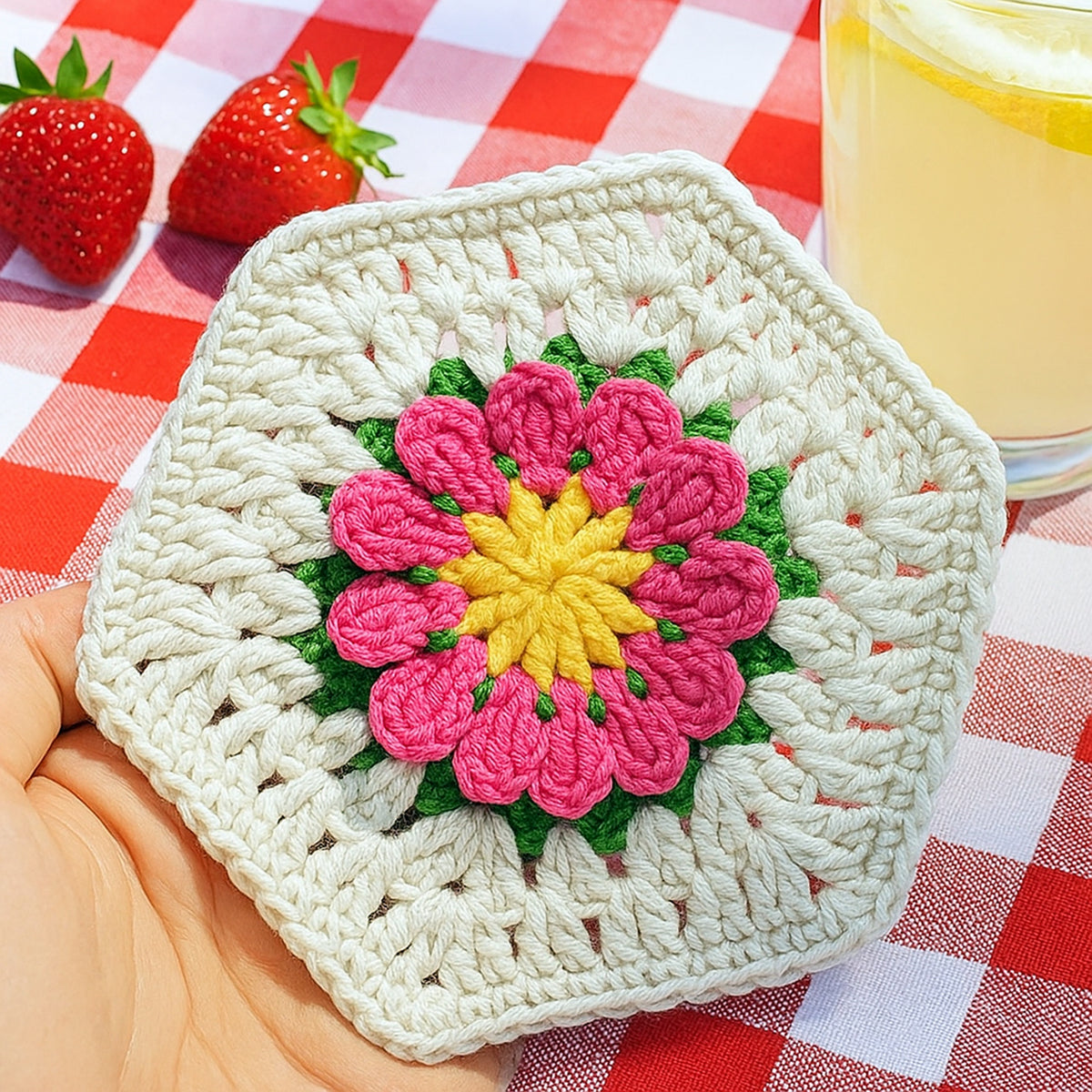 Crochet Hexagon Coaster Pattern PDF, 3D Flower Mug Rug Design, Handmade Floral Cup Mat Tutorial, English & German