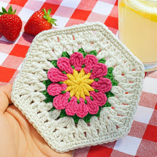 Crochet Hexagon Coaster Pattern PDF, 3D Flower Mug Rug Design, Handmade Floral Cup Mat Tutorial, English & German