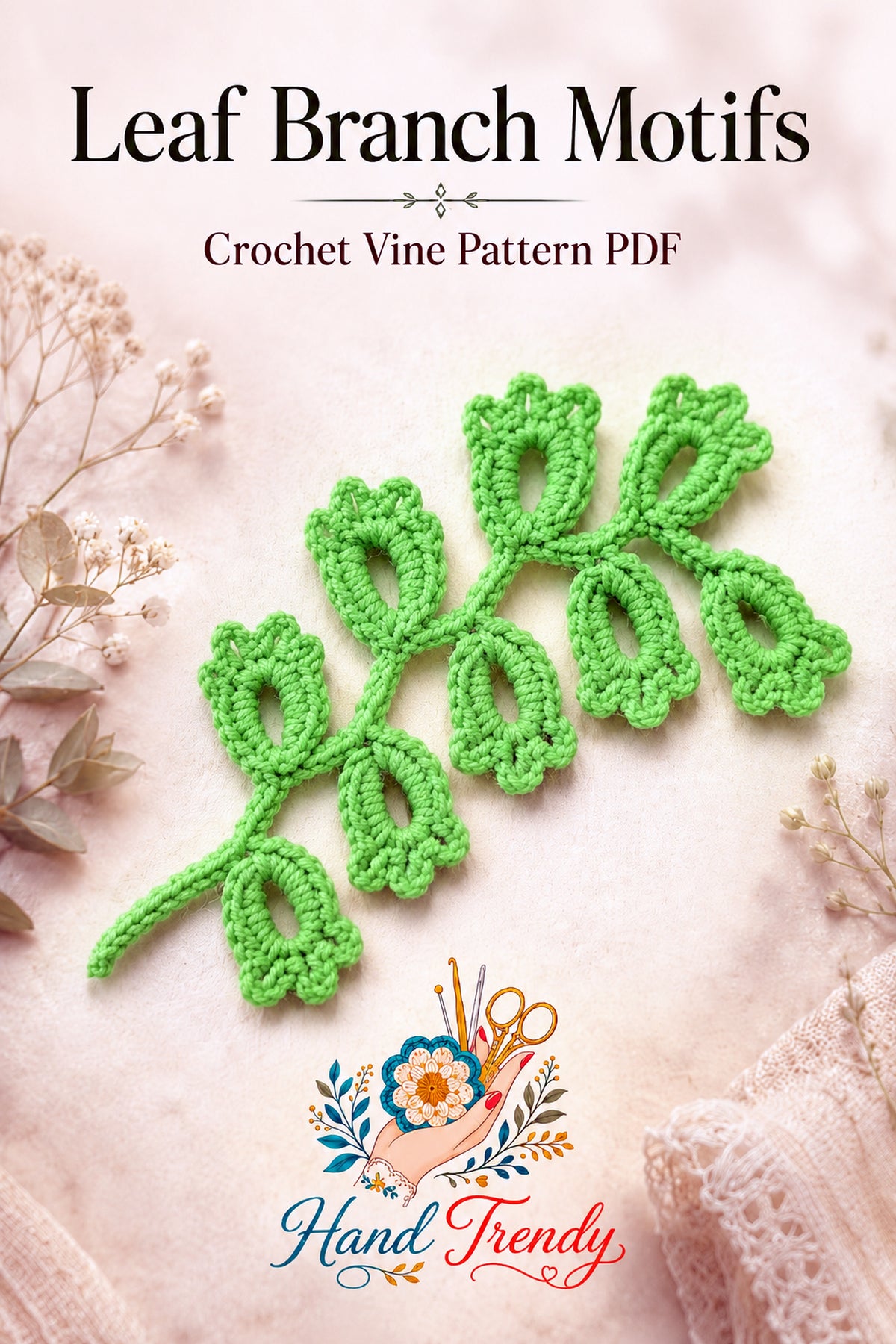 Crochet Leaf Branch Pattern PDF, Decorative Vine Applique Botanical Motif Tutorial, English & German