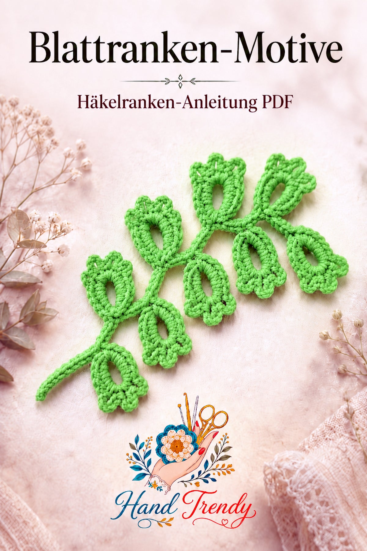 Crochet Leaf Branch Pattern PDF, Decorative Vine Applique Botanical Motif Tutorial, English & German