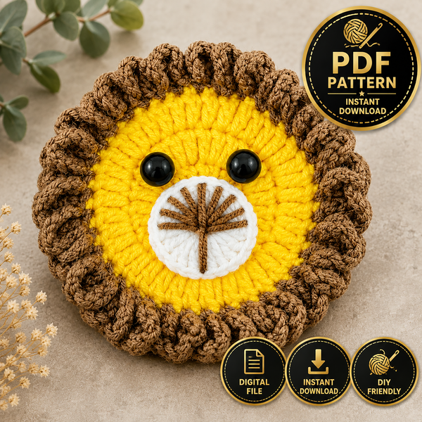 Crochet Lion Applique PDF Pattern, Animal Face Motif Design, Nursery Decor Craft, Baby Gift Idea, Handmade Crochet Accessory
