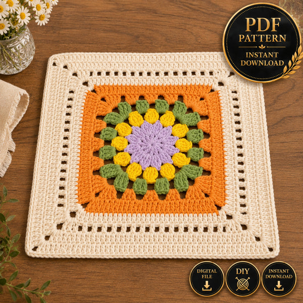 Crochet Square Placemat Pattern PDF, Floral Granny Square Table Mat, Colorful Mug Rug Design, Handmade Home Decor