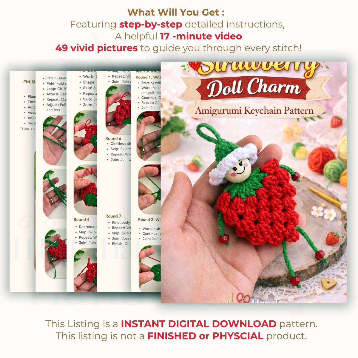 Crochet Strawberry Doll Pattern PDF, Amigurumi Keychain Tutorial, Cute Fruit Girl Ornament, Handmade Bag Charm Design
