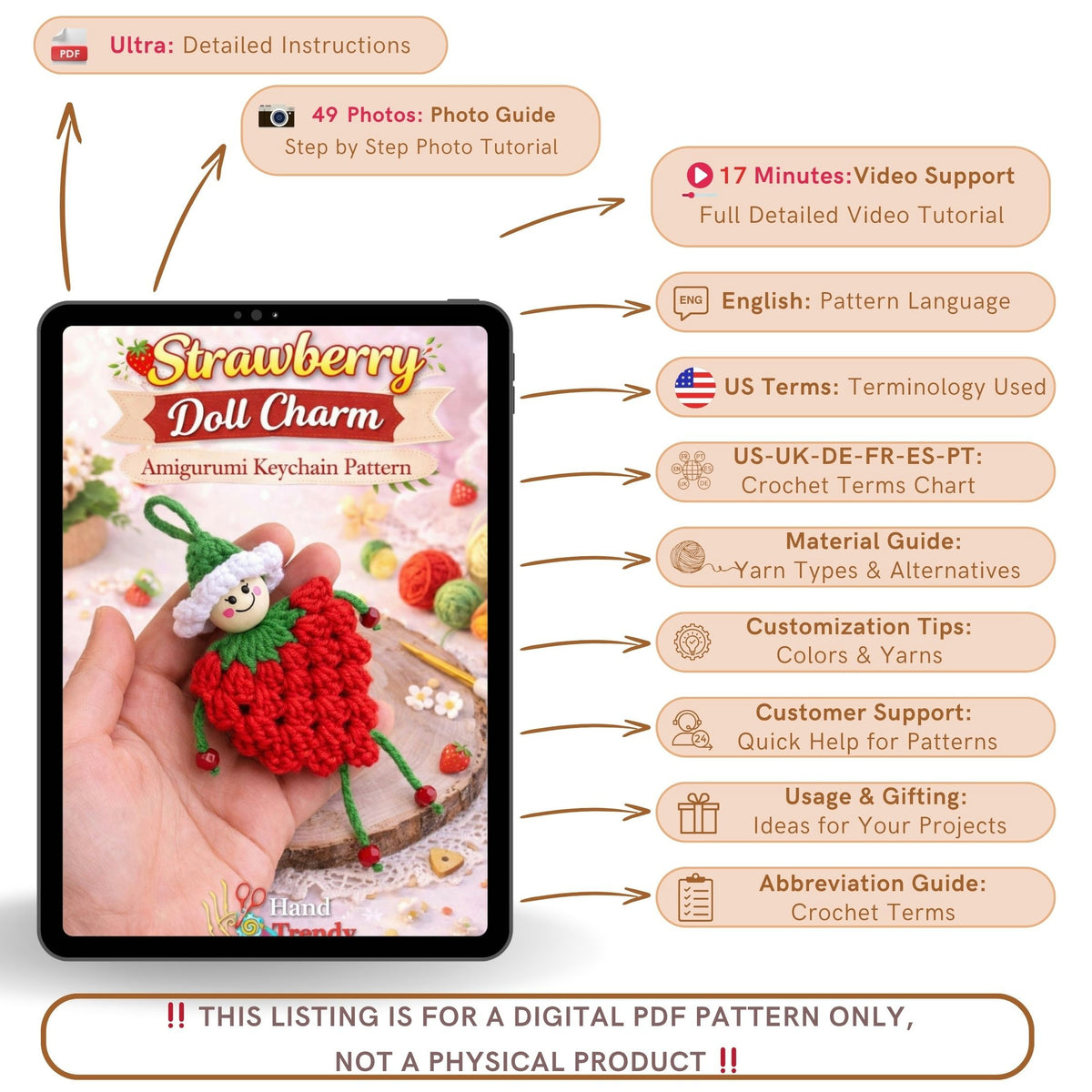 Crochet Strawberry Doll Pattern PDF, Amigurumi Keychain Tutorial, Cute Fruit Girl Ornament, Handmade Bag Charm Design
