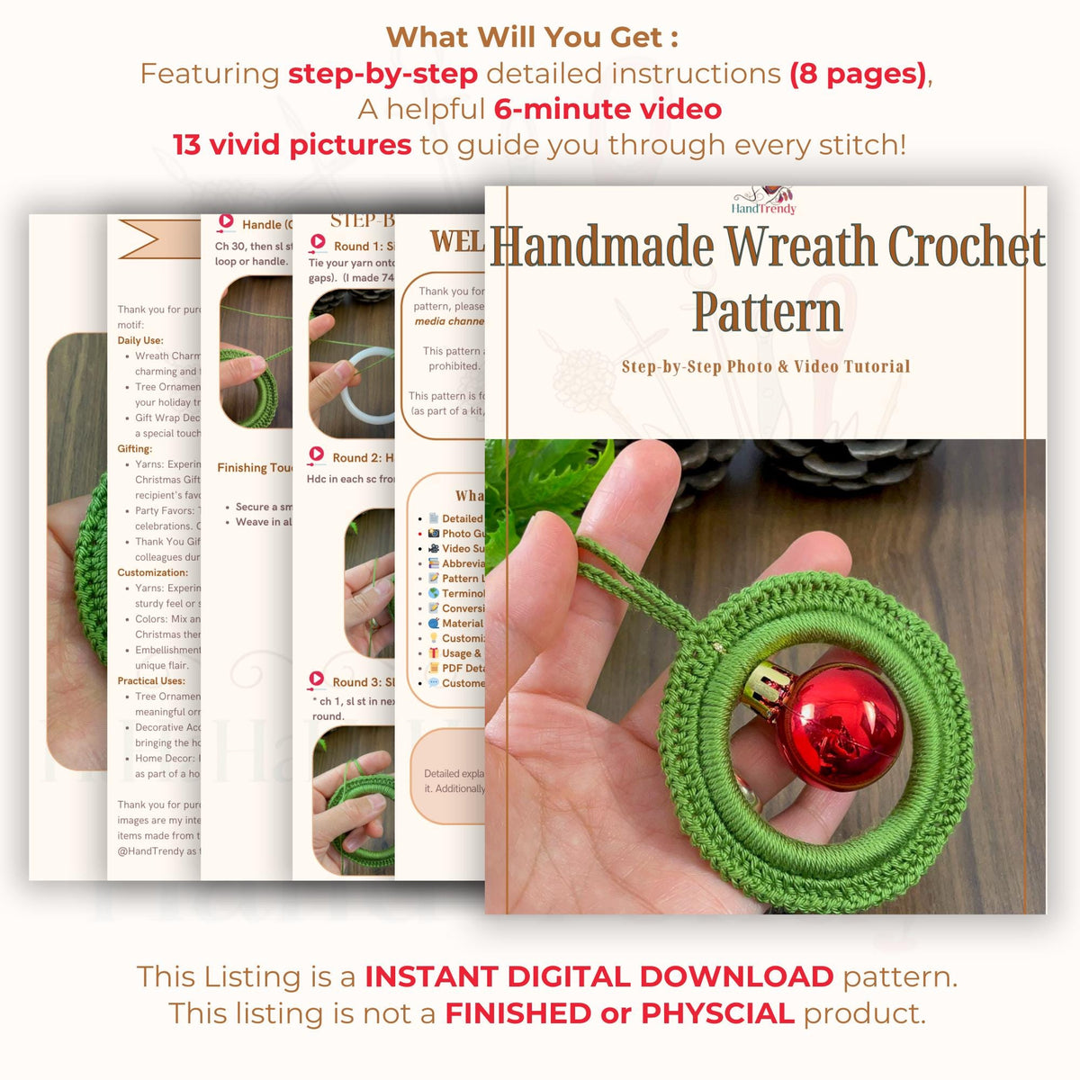 Handmade Wreath Crochet Pattern PDF - Festive Ornament with Bauble PDF - Hand Trendy