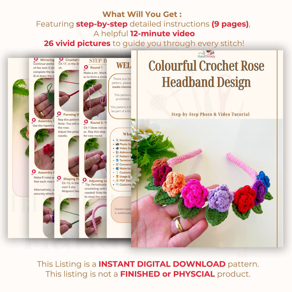 Colourful Crochet Rose Headband PDF Pattern - Crochet Hair Bow Clip For Kids - Hand Trendy