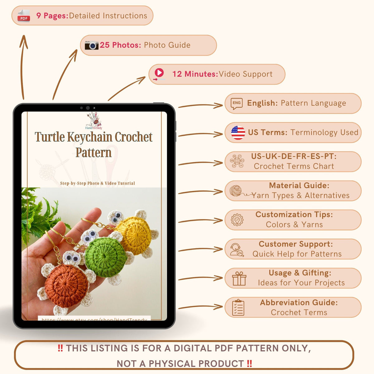Easy Turtle Crochet Keychain Pattern PDF - Keychain PDF Tutorial - Hand Trendy