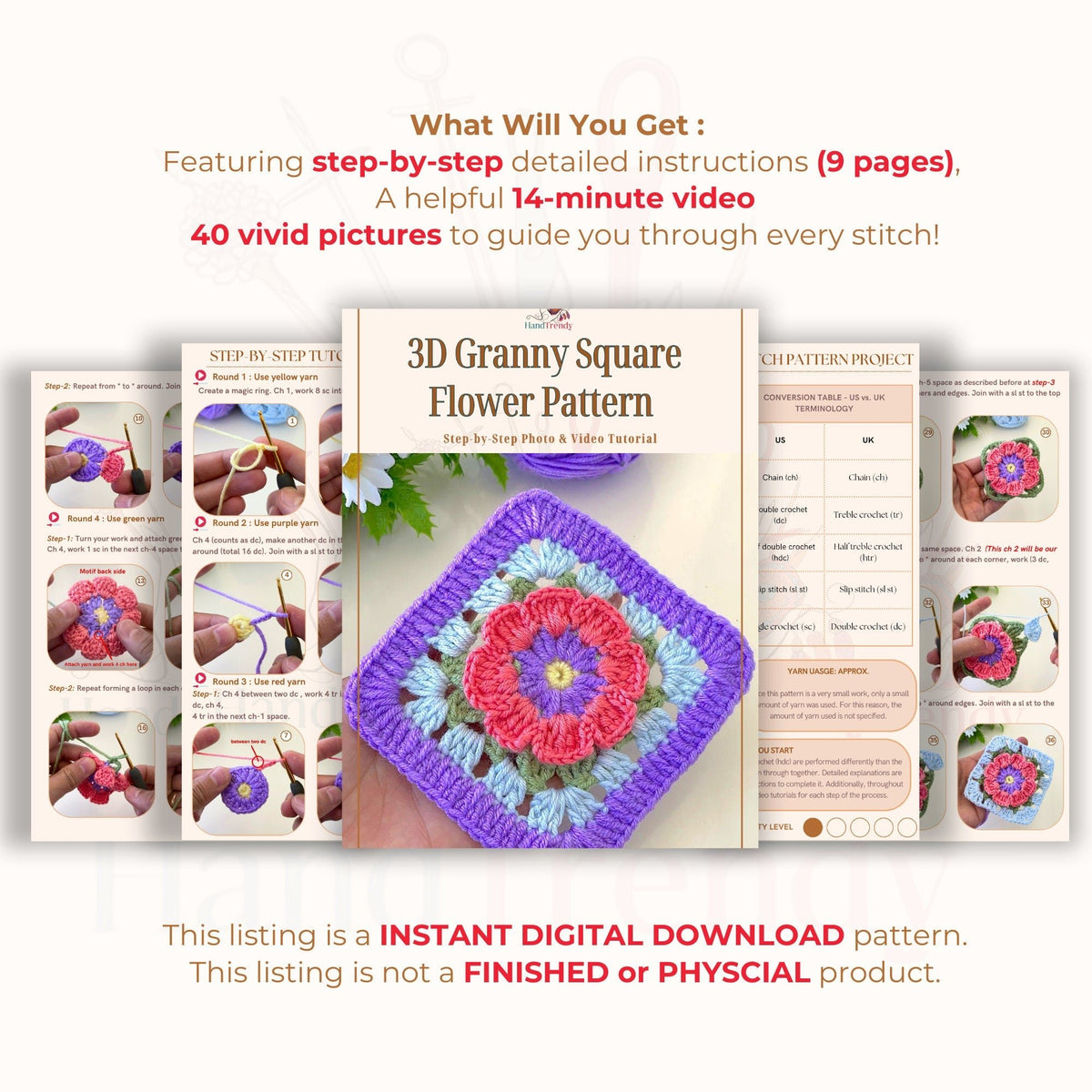 3D Granny Square Pattern | Easy Baby Blanket & Pillow| Easy Crochet Square DIY Pattern for Beginners - Hand Trendy