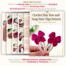 Crochet Hair Bow and Snap Hair Clips Pattern  - Crochet Girls Hair Accessory PDF