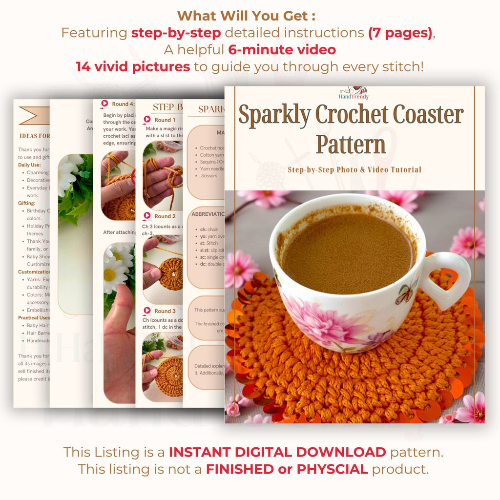 Glam Sequin Coaster Crochet Pattern - Glitter Coffee Coaster Guide - Hand Trendy