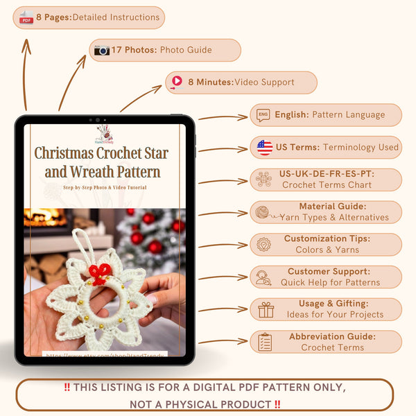 Christmas Crochet Star and Wreath Pattern - Christmas Decoration & Holiday Ornament - Christmas Tree Decor for Beginners