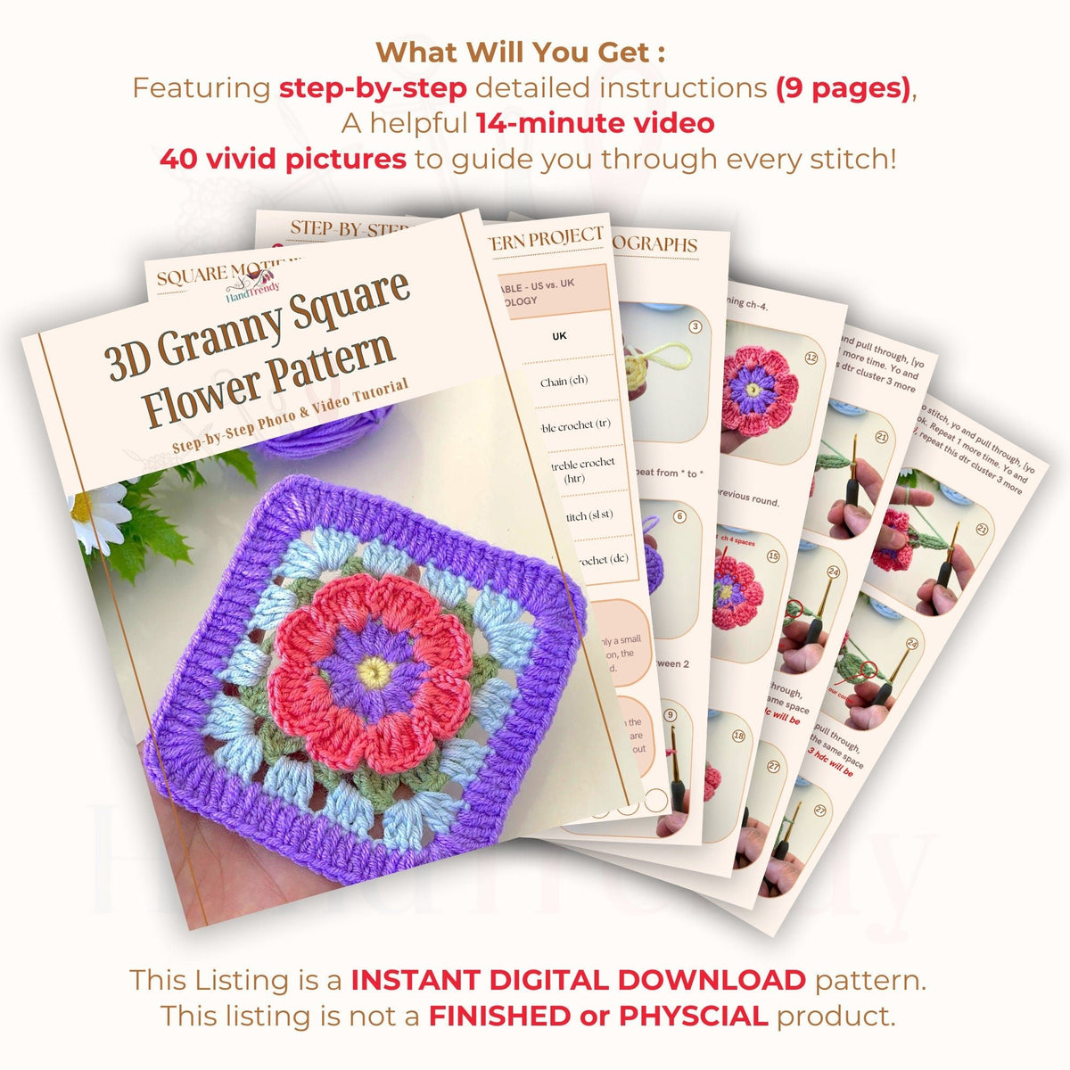 3D Granny Square Pattern | Easy Baby Blanket & Pillow| Easy Crochet Square DIY Pattern for Beginners - Hand Trendy